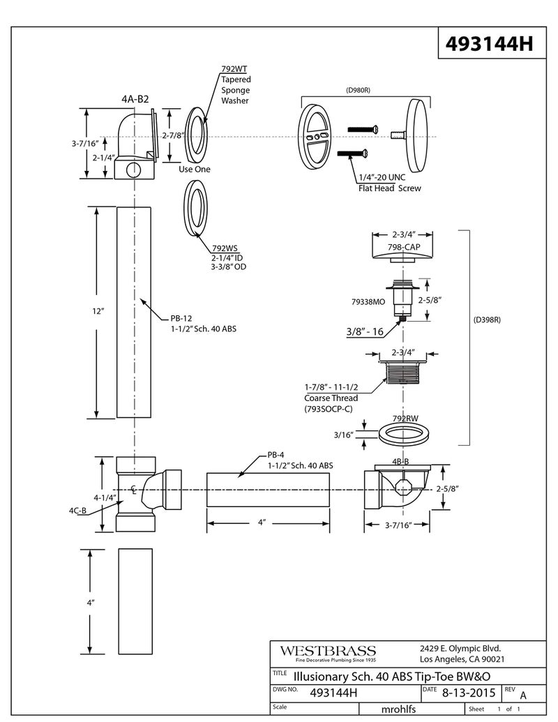 Westbrass 493144H-62 12" & 4" Bath Waste & Overflow Assembly with Tip-Toe Drain Plug and Illusionary Faceplate-SCH. 40 ABS Pipe, 1-Pack, Matte Black - Image 2